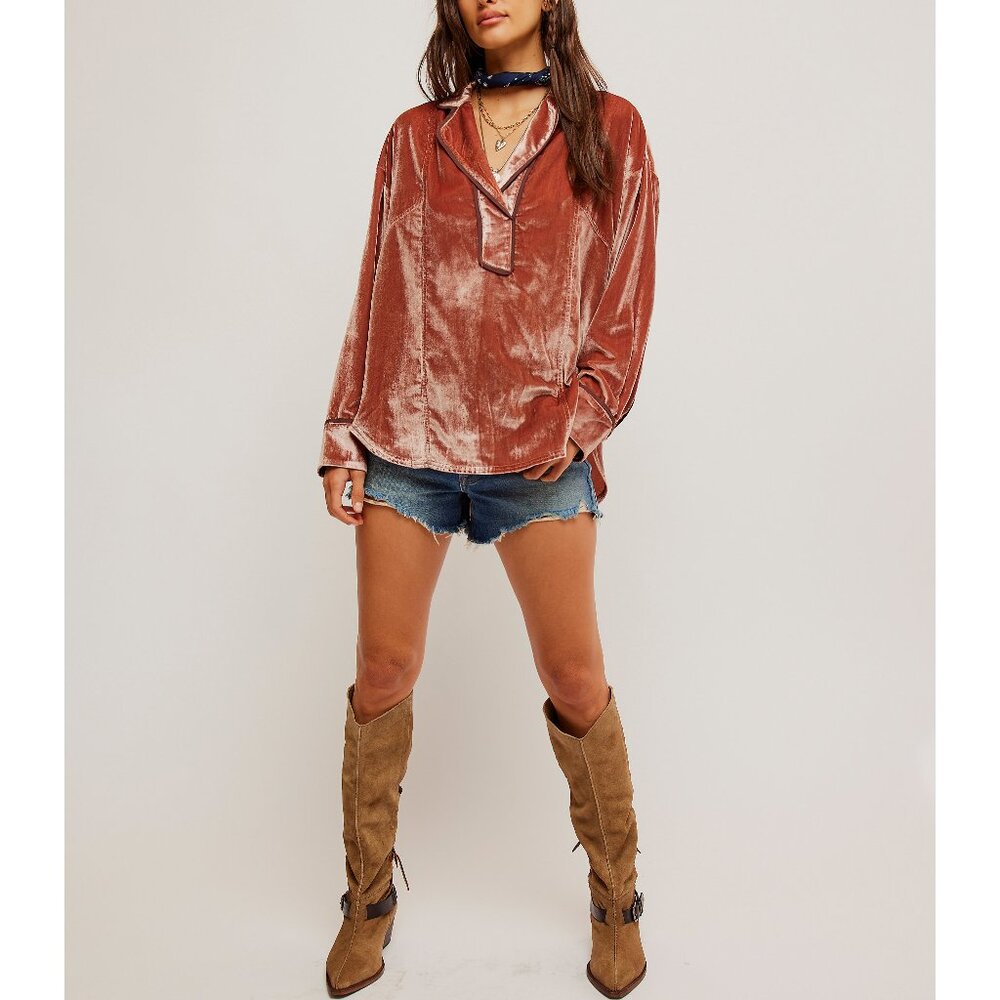 FREE PEOPLE We The Free Luxy Solid Velvet Shirt / Cedar Wood - Picture 5 of 9
